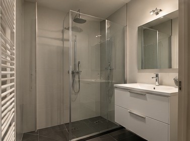 The same bathroom after editing, in bright, neutral daylight